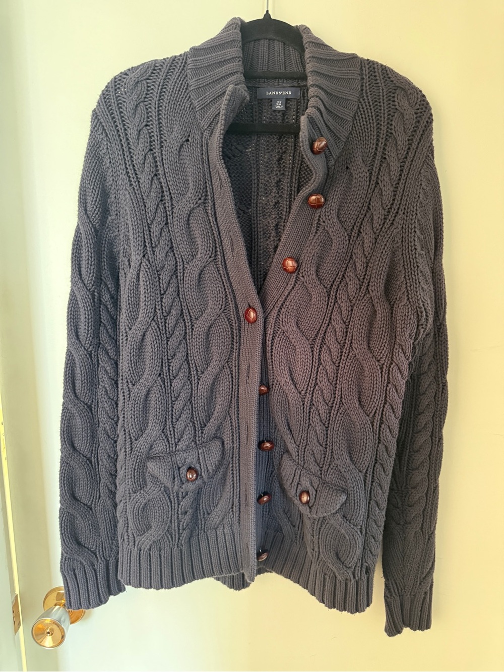 Lands’ End Navy Cable Knit Cardigan M 100% Cotton Shawl Collar Grandpa Sweater